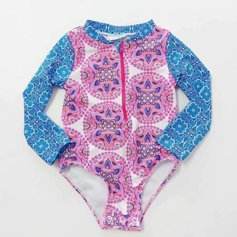 Girls Boho Mandala Rash Guard Swimsuit One Piece Zip Front Long Sleeve Size 24m